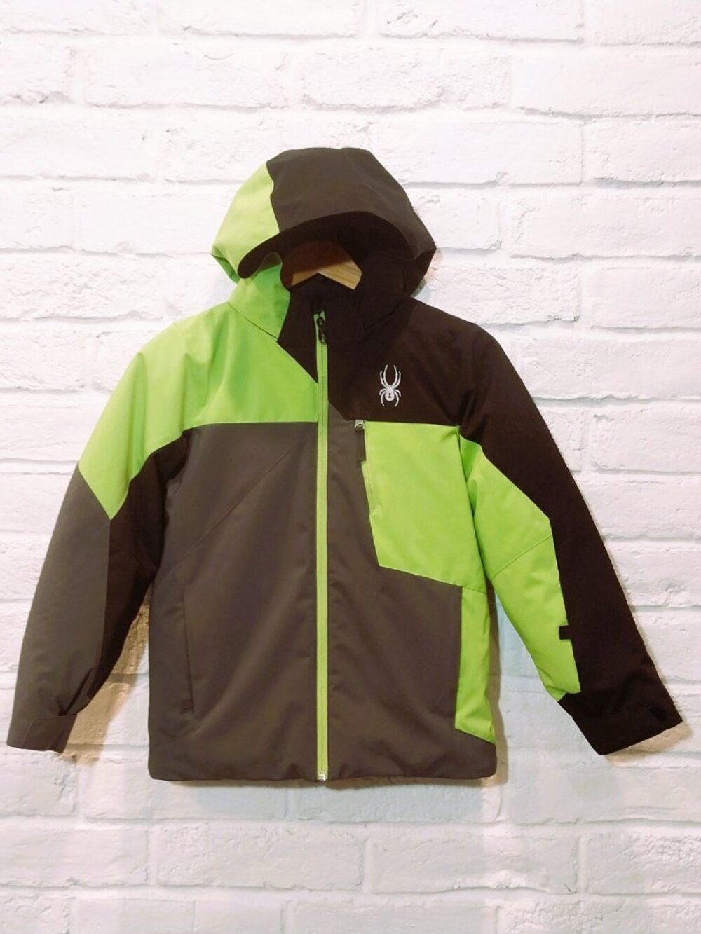 Spyder Youth 10 Colorblock Ski Jacket Green Black Hooded Snowboard Coat Gorpcore